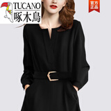 啄木鸟（TUCANO）赫本风黑色v领长袖连衣裙女春收腰显瘦感法式坠感裙漂亮裙子 黑色 M 90-斤