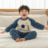 小猪大卫 PECODAVID珊瑚绒套装秋冬儿童室内居家服男女可爱分体套装毛毛款 蓝色宇航员 120 版型宽松，按正常尺码拍