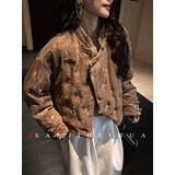 三吉黑花【与君同】新中式丝绒网纱短款羽绒服冬季女款国风外 竹褐(90白鸭绒) S