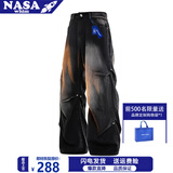 WHIM NASA拖地牛仔裤男女春秋季复古港风宽松直筒裤子四季学生工装休闲长裤 黑灰色 2XL （150-180斤）