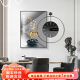 墨派 轻奢餐厅装饰画现代简约带钟表组合挂画饭厅背景墙壁画客厅挂画 金鹿招财 50*70cm晶瓷+直径50cm钟表
