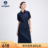 Navigare意大利小帆船女士短袖牛仔连衣裙25夏季新品纯棉衬衫裙百搭长裙子 海军蓝 S