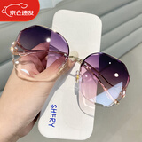 霏扬2023新款无框水晶切边多边形眼镜防晒遮阳墨镜女士复古太阳眼镜女 金框渐变紫粉 墨镜+镜盒+镜布