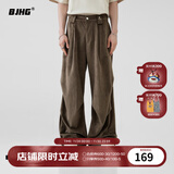 BJHG不计后果秋季美式伞兵工装长裤男潮牌肌理感宽松直筒运动休闲裤子 深棕色 L