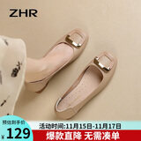 ZHR浅口单鞋女春秋粗跟通勤女鞋优雅方扣真牛皮船鞋女 AH378 杏色 37