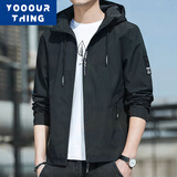 YOOOURTHING夹克男春秋冬连帽外套韩版潮流加绒加厚修身大码青少年休闲上衣男 JK2130-黑色 常规 XL (建议115-135斤)