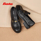 拔佳（Bata）牛皮乐福鞋女鞋春秋季新款舒适粗跟通勤一脚蹬单鞋