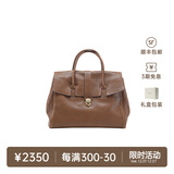 裘真手提公文包女士复古大容量通勤头层植鞣牛皮包包植鞣牛皮 大象灰-大号