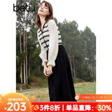 百图betu女装春季新款连衣裙法式条纹拼接长袖连衣裙女2401T66 黑色 S