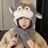 趣木也可爱企鹅翅膀会动毛绒帽子围巾一体女冬季加厚防寒保暖护耳雷锋帽 灰色企鹅帽子围巾一体【耳朵会动】