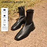 CHARLES&KEITH复古方头拉链低跟时装靴短靴踝靴子女靴生日礼物CK1-90900090 Black黑色 37