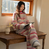 族玛士半边绒睡衣女秋冬季可外穿条纹珊瑚绒毛衣加厚保暖家居服套装冬天 S83676#半边绒套装-庆红繁花 M 【建议80-125斤/158-165CM】