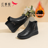 红蜻蜓秋冬老人棉鞋厚绒保暖皮鞋短靴中老年防滑女靴WTC43709黑色36