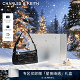 CHARLES&KEITH褶皱油蜡皮斜挎小方包手提包腋下包女士生日礼物CK2-80160183 Noir黑色 S