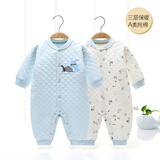 婴诗拉贝 婴儿连体衣纯棉宝宝夹棉哈衣新生儿爬爬服秋冬加厚保暖婴童衣服 2件对开保暖-手板蓝色+碎花蓝色 66cm (3-6个月12-14斤)