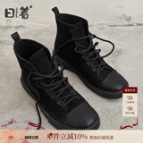 日着原创设计师品牌女鞋冬季新款黑色平底绑带女式加绒短靴马丁靴女 黑色 35