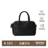 裘真【明星推荐】宽宽包植鞣牛皮休闲斜挎包手提保龄球包女 黑色