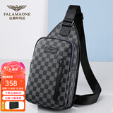 法莱阿玛尼（FALAMAONE）品牌真皮胸包男牛皮单肩斜挎包手机腰包生日礼物送男友老公送爸爸 黑色格子胸包/XB205 通勤风