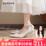 达芙妮高跟鞋女单鞋2025春季法式玛丽珍鞋蝴蝶结淑女小皮鞋粗跟女鞋婚鞋 缎面米白 6cm 细跟 36