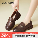 意尔康女鞋真皮乐福鞋女士单鞋通勤百搭一脚蹬粗跟小皮鞋女 棕色 【尺码偏大，建议拍小一码】 38
