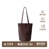 裘真慵懒遇水桶包女腋下单肩包复古通勤包头层植鞣牛皮包包 咖啡色-中号