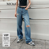 MO&Co.牛仔裤中低腰宽松及地直筒手工破洞毛边复古洗水棉质摩安珂 牛仔蓝色-第2批 M 27