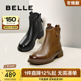 百丽（Belle）舒适瘦瘦休闲靴女2025冬新款商场同款羊皮复古靴B7E1DDD5 棕色-单里 37 (235mm)