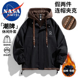 NASA MARVEL夹克男秋冬季连帽假两件外套加绒防风宽松情侣装 黑色加绒 3XL