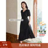 茵曼（INMAN）法式薄荷曼波连衣裙2024夏女装新品V领灯笼袖抽绳 午夜黑 M