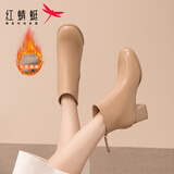 红蜻蜓短靴女秋冬后拉链时装靴瘦瘦弹力靴粗跟女棉靴WCC43734杏色绒里40