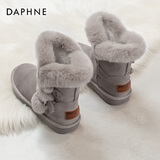 达芙妮雪地靴女2025冬季新款加绒灰色面包中筒厚底短靴子真皮棉鞋短靴