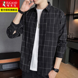 啄木鸟格子衬衫男士装2025春秋季最新款外套休闲长袖冬加绒衬衣外穿衣服 2107黑格 XL