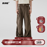 BJHG不计后果秋季美式伞兵工装长裤男潮牌肌理感宽松直筒运动休闲裤子 深棕色 S