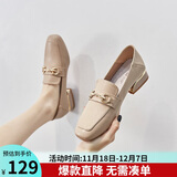 ZHR单鞋女英伦风舒适方头乐福鞋女两穿粗跟透气皮鞋女 K196 杏色 37