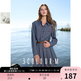 三彩2025秋款格纹衬衫式连衣裙长袖收腰百褶短裙复古Miu系M 藏青色格纹 L 165/88A