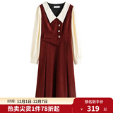 独束大码女装假两件撞色衬衫领连衣裙女秋冬微胖mm文艺复古穿搭裙子 勃艮第红【适合160左右】 M