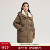 艾莱依仿羊羔毛领羽绒服女中长款大衣保暖外套 茶褐色 L