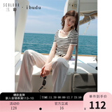 三彩2025秋款简约休闲修身短款条纹针织衫套头短袖女 黑白条纹 S 155/80A