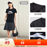 安踏LOGO短袖t恤 女夏季棉感显瘦休闲针织印花T恤透气运动上衣 【经典大logo】基础黑-2 L /女170