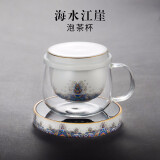 容山堂 玻璃茶水分离办公杯泡茶杯绿茶水杯功夫茶杯可加热杯子茶具套装 海水江崖泡茶保温套装