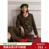 独束大码女装复古格纹小香风套装女冬季微胖mm毛呢外套A字半身裙 外套 M