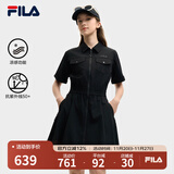 FILA 斐乐官方女装梭织工装连衣裙2025夏季新款时尚凉感防晒收腰裙子 正黑色-BK L 170/88A/L