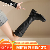 卓诗尼潮酷长筒靴女2025冬新款皮带扣骑士靴子大筒围显瘦长靴 黑色 36