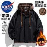 NASA MARVEL夹克男春秋季连帽假两件透气时尚防风宽松情侣装 黑色 4XL