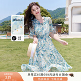 香影小清新v领碎花连衣裙女2025夏季新款木耳边蓝色泡泡袖雪纺裙 蓝色 S