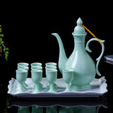 九楼阁 景德镇青花高温陶瓷仿古白酒酒壶酒杯酒具套装高脚杯酒具1壶10杯 梅子青 泡沫安全包装+托盘