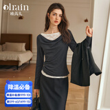 Olrain欧芮儿灰色长袖T恤女秋季新款蕾丝一字肩荡领双层上衣 灰色 L