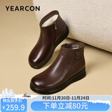 意尔康皮鞋坡跟妈妈鞋简约拉链婆婆鞋加绒保暖女靴 4552W 棕色 40 