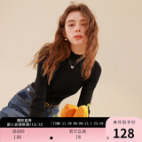 三彩冬款纯色坑条针织衫木耳边半高领修身打底内搭简约女 经典黑 M