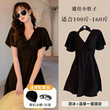 铂呐苓大码泳衣女士连体温泉遮肉肚子无袖性感显瘦泳装裙式胖妹妹 黑色大码泳衣 XL 码【适合125斤-160斤】